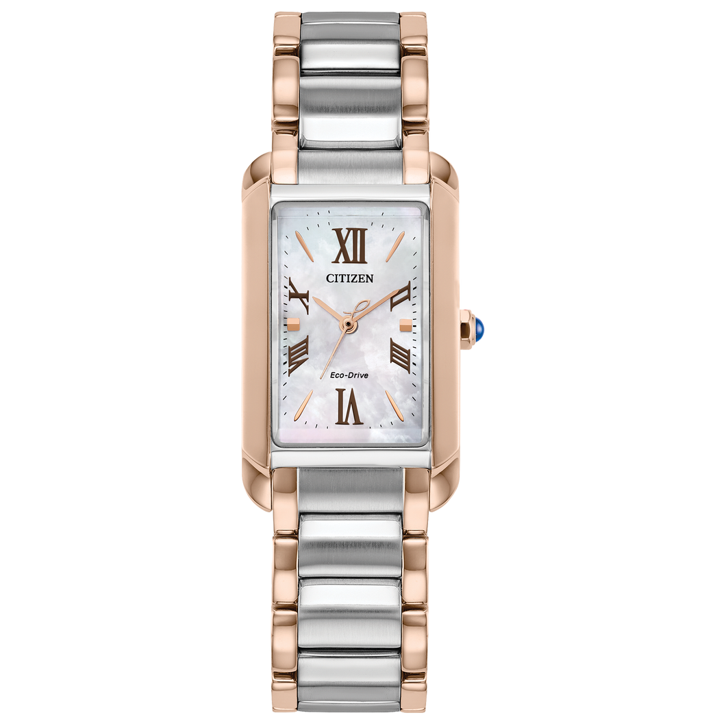 Two-tone Citizen watch with silver and rose gold band on a white background Fifth Avenue Jewellers Kamloops BC