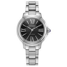 Load image into Gallery viewer, Silver Citizen watch with black dial on a white background Fifth avenue Jewellers Kamloops BC
