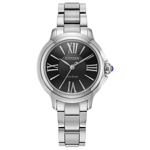 Silver Citizen watch with black dial on a white background Fifth avenue Jewellers Kamloops BC