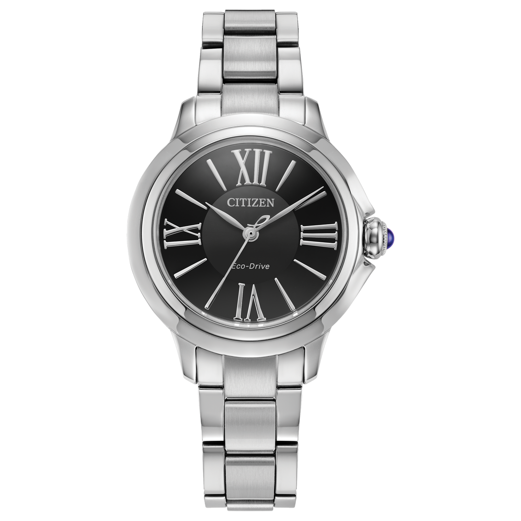 Silver Citizen watch with black dial on a white background Fifth avenue Jewellers Kamloops BC