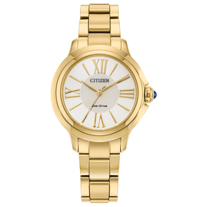 Gold Citizen watch with white face and Roman numerals on a white background Fifth Avenue Jewellers Kamloops BC