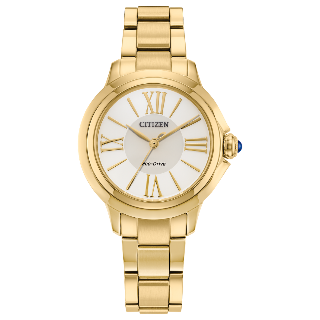 Gold Citizen watch with white face and Roman numerals on a white background Fifth Avenue Jewellers Kamloops BC