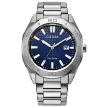 Load image into Gallery viewer, Silver Citizen watch with blue dial on a white background Fifth Avenue Jewellers Kamloops BC
