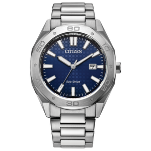 Silver Citizen watch with blue dial on a white background Fifth Avenue Jewellers Kamloops BC