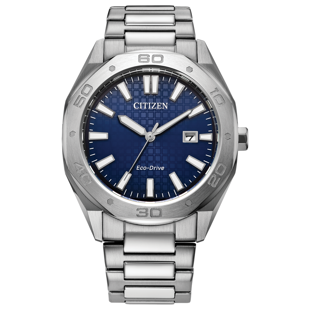 Silver Citizen watch with blue dial on a white background Fifth Avenue Jewellers Kamloops BC