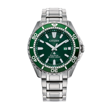 Load image into Gallery viewer, Green and silver watch with Citizen branding on a white background Fifth Avenue Jewellers Kamloops BC
