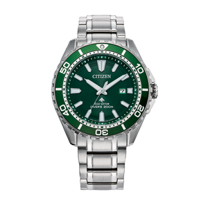 Green and silver watch with Citizen branding on a white background Fifth Avenue Jewellers Kamloops BC