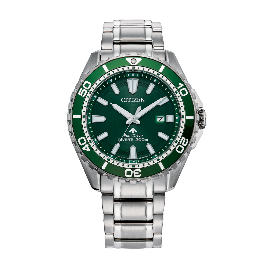 Green and silver watch with Citizen branding on a white background Fifth Avenue Jewellers Kamloops BC