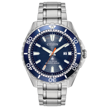 Load image into Gallery viewer, Citizen watch with blue dial and silver metal strap on a white background Fifth Avenue Jewellers Kamloops BC
