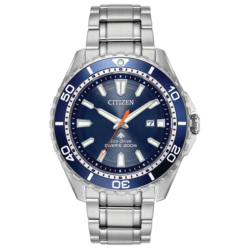 Citizen watch with blue dial and silver metal strap on a white background Fifth Avenue Jewellers Kamloops BC