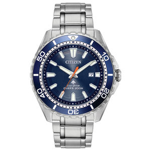 Citizen watch with blue dial and silver metal strap on a white background Fifth Avenue Jewellers Kamloops BC