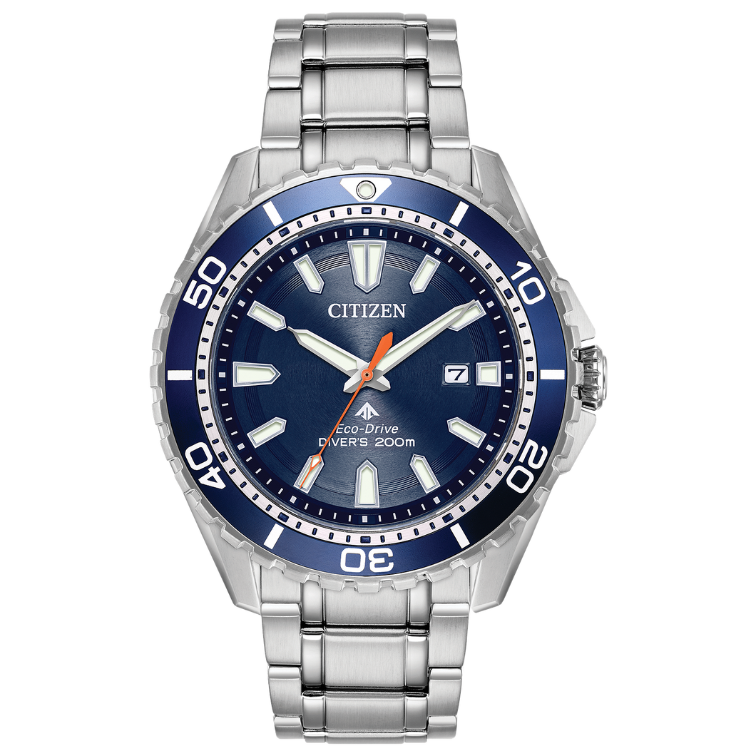 Citizen watch with blue dial and silver metal strap on a white background Fifth Avenue Jewellers Kamloops BC