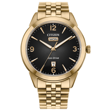 Load image into Gallery viewer, Gold Citizen watch with black dial on a white background Fifth Avenue Jewellers Kamloops BC
