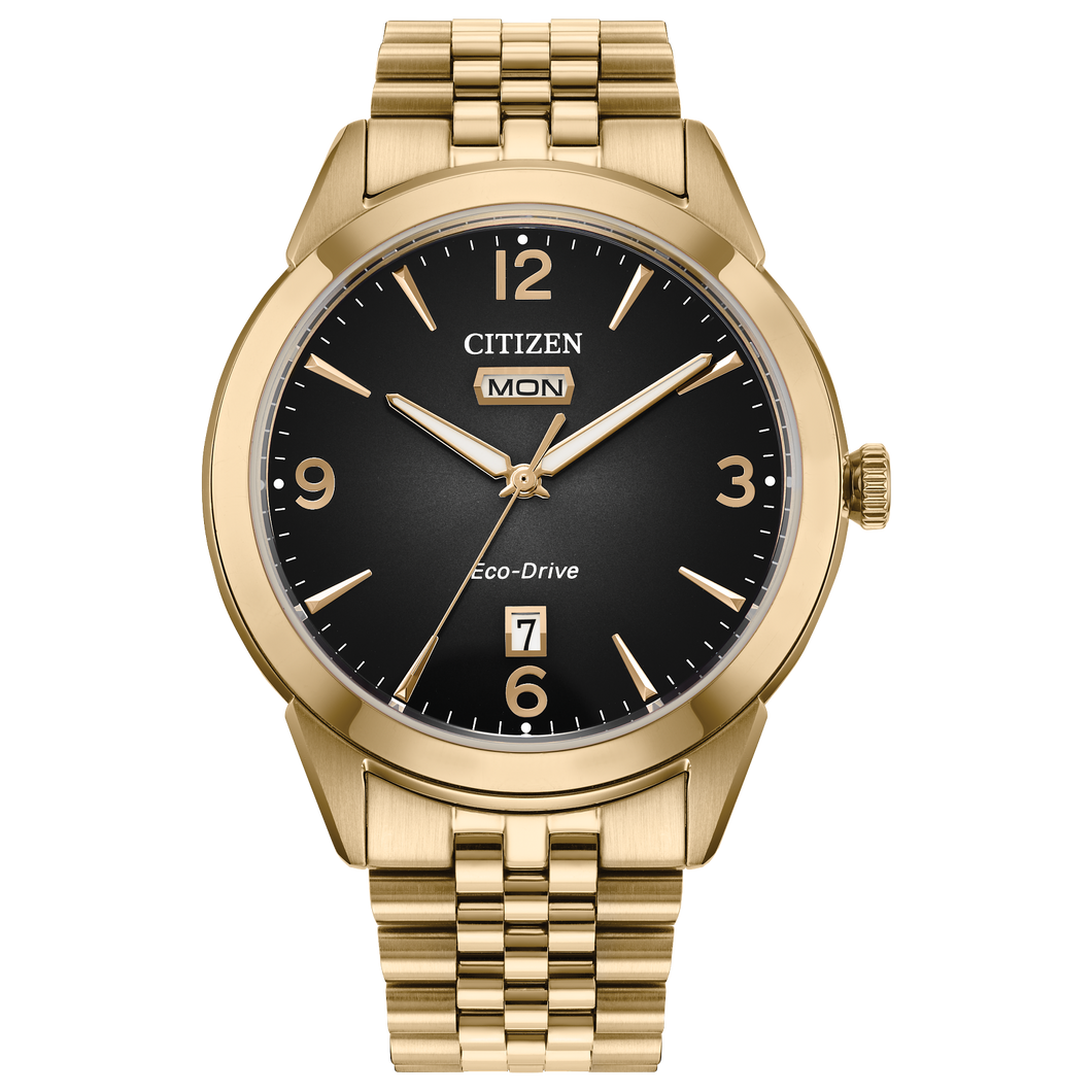 Gold Citizen watch with black dial on a white background Fifth Avenue Jewellers Kamloops BC