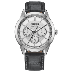 Citizen watch with black leather strap on a white background Fifth Avenue Jewellers Kamloops BC