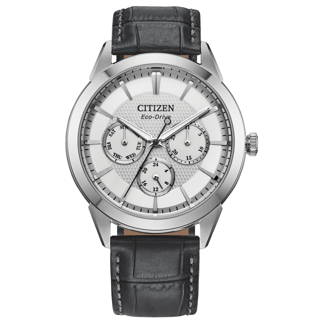 Citizen watch with black leather strap on a white background Fifth Avenue Jewellers Kamloops BC