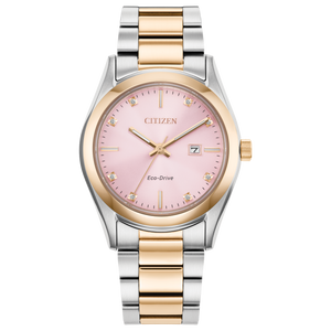 Two-tone Citizen watch with pink dial on a white background Fifth Avenue Jewellers Kamloops BC