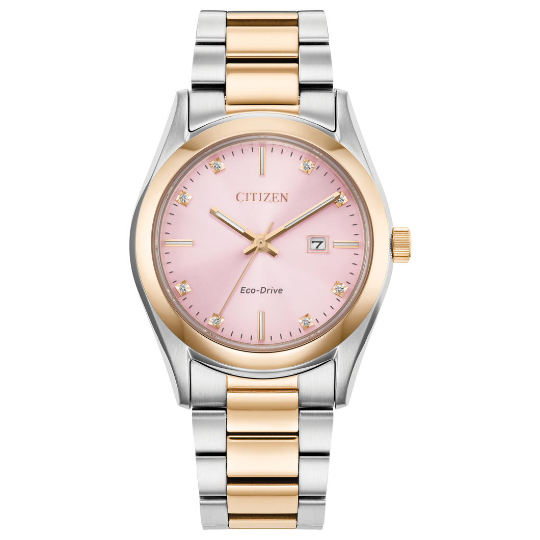 Two-tone Citizen watch with pink dial on a white background Fifth Avenue Jewellers Kamloops BC