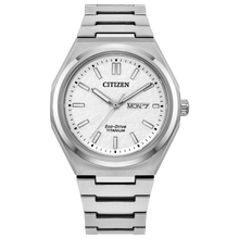 Load image into Gallery viewer, Silver Citizen watch with a white face on a white background Fifth Avenue Jewellers Kamloops BC
