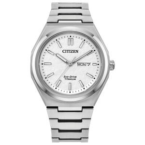 Silver Citizen watch with a white face on a white background Fifth Avenue Jewellers Kamloops BC