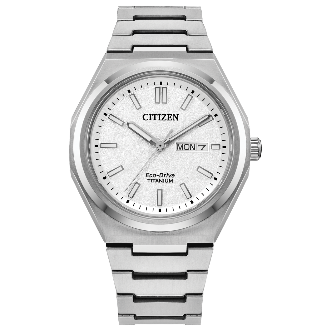 Silver Citizen watch with a white face on a white background Fifth Avenue Jewellers Kamloops BC