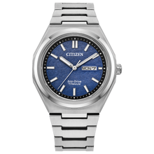Load image into Gallery viewer, Silver Citizen watch with blue dial on a white background Fifth Avenue Jewellers Kamloops BC
