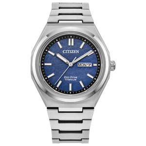 Silver Citizen watch with blue dial on a white background Fifth Avenue Jewellers Kamloops BC