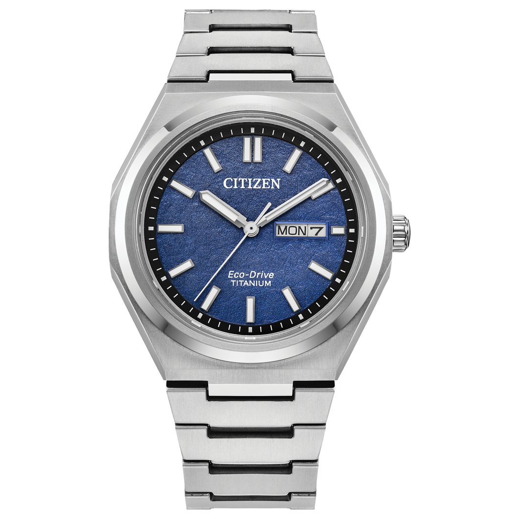 Silver Citizen watch with blue dial on a white background Fifth Avenue Jewellers Kamloops BC