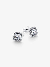 Load image into Gallery viewer, Pair of silver square stud earrings with clear gemstones on a white background
