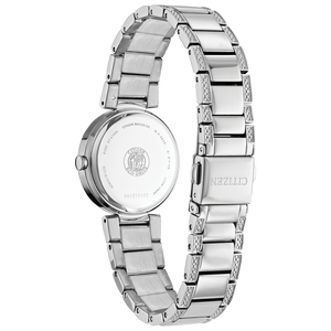 Silver watch with a detailed band on a white background