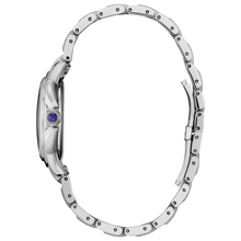 Load image into Gallery viewer, Silver watch with a purple gemstone on a white background
