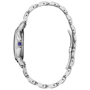 Silver watch with a purple gemstone on a white background