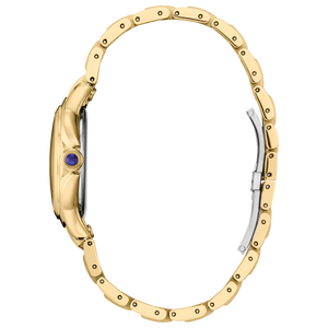 Gold watch with a blue gemstone on a white background