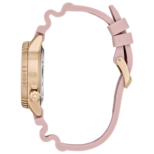 Watch with pink strap and rose gold case on a white background