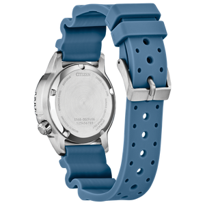 Blue watch with a detailed view of the strap and Citizen branding on a white background