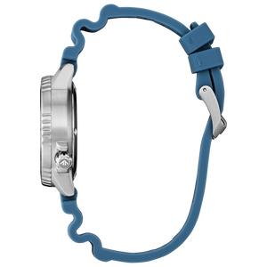 Close-up of a watch with a blue strap on a white background