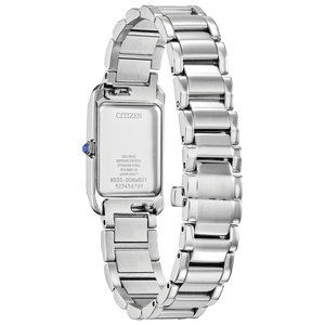 Silver Citizen watch with a detailed band on a white background