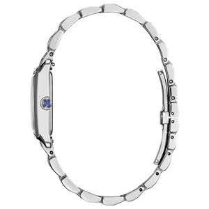 Silver watch with a blue gemstone on a white background