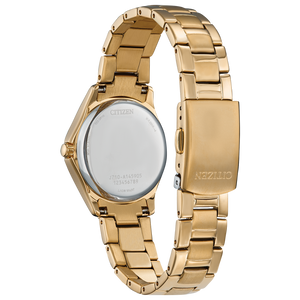 Gold Citizen watch with a white face on a white background