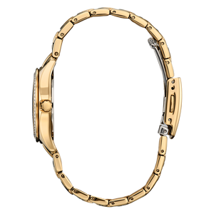 Gold watch with a detailed band on a white background