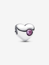Load image into Gallery viewer, Heart-shaped silver charm with a purple gemstone on a white background
