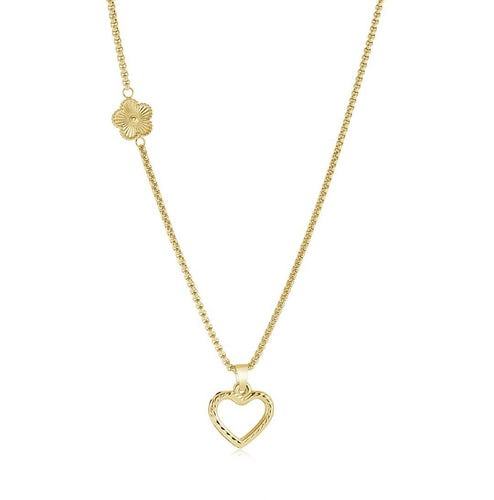 Gold plated necklace with a heart-shaped pendant and a flower detail on a white background