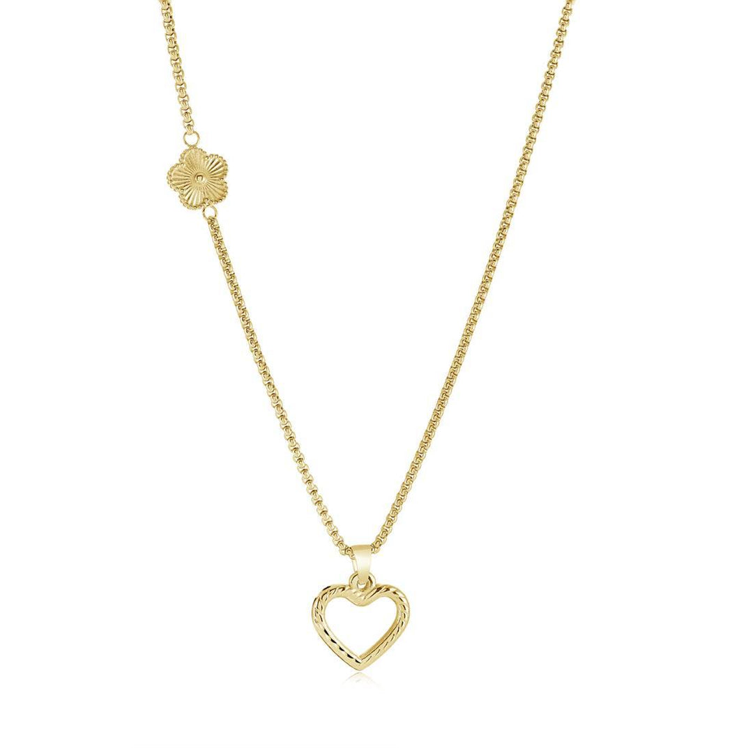 Gold plated necklace with a heart-shaped pendant and a flower detail on a white background