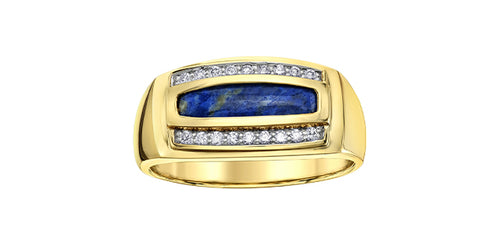 Gold ring with blue stone and diamonds on a white background Fifth Avenue Jewellers Kamloops BC