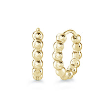 Load image into Gallery viewer, Gold hoop earrings with bead-like design on a white background
