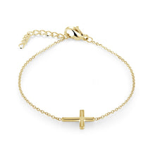Load image into Gallery viewer, Gold bracelet with a small cross charm on a white background
