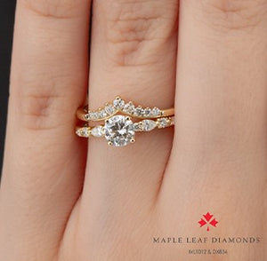Tiara band and engagement ring on a hand with Maple Leaf Diamonds logo.