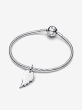Load image into Gallery viewer, Silver bracelet with a angel wing-shaped charm on a white background
