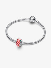 Load image into Gallery viewer, Silver bracelet with a red and white striped charm on a white background
