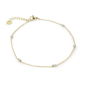 Gold coloured bracelet with small stones on a white background